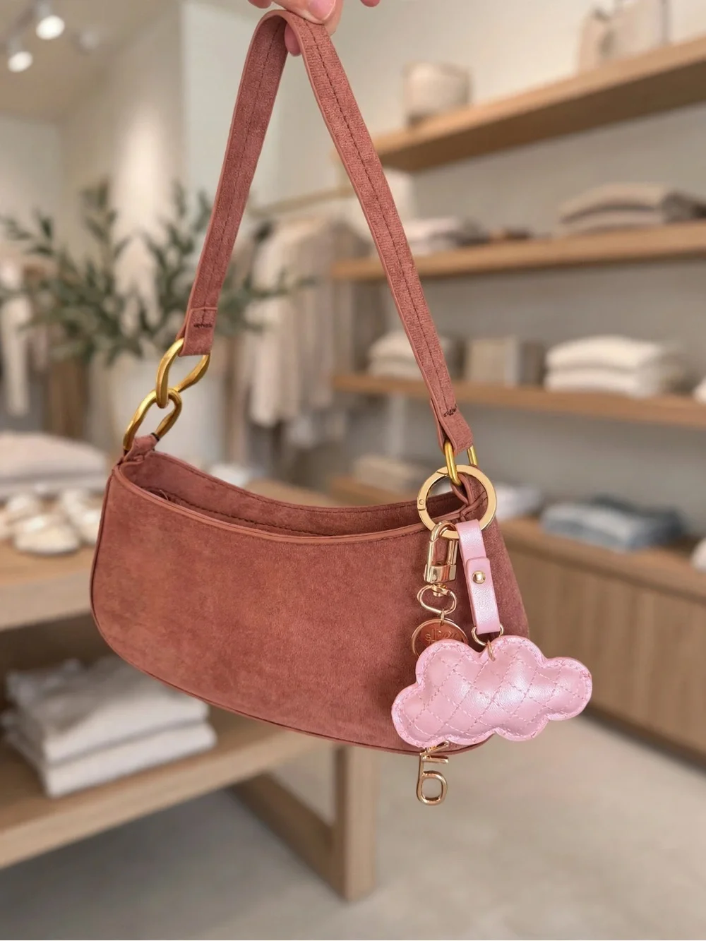 Suede Shoulder Bag in Dusty Rose with Charm